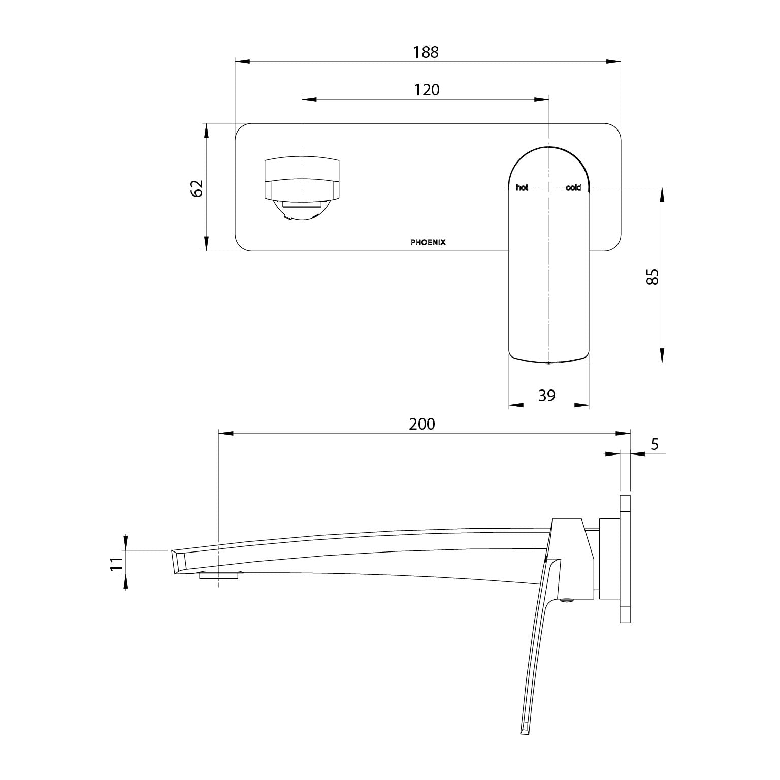 Phoenix Mekko SwitchMix Wall Basin/Bath Mixer Set 200mm Fit-Off Kit