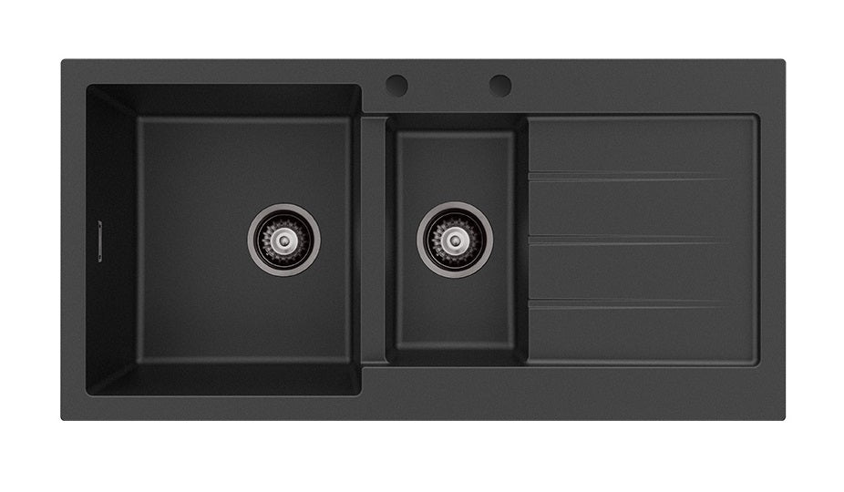 Fienza Kuro Granite 32/14L Double Bowl Sink with Drainer Left Hand Bowl 2 Tap Holes 68610L-2