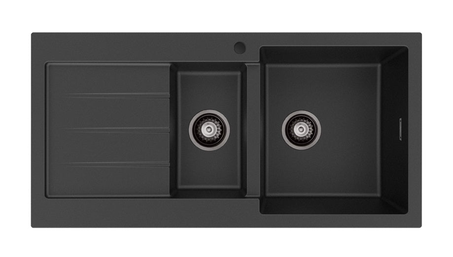 Fienza Kuro Granite 32/14L Double Bowl Sink with Drainer Right Hand Bowl 68610R-1