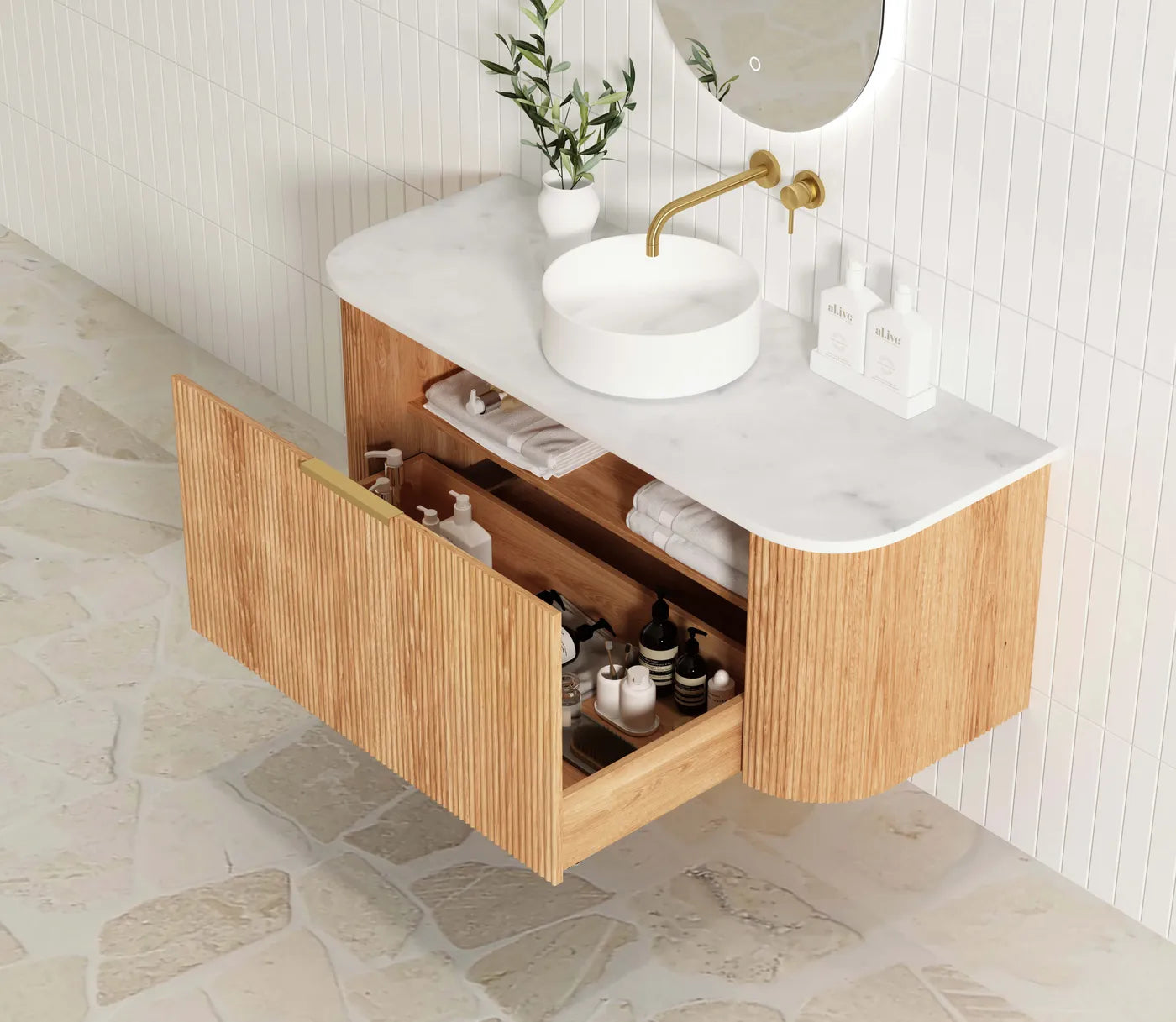 Otti Bondi 1200mm Woodland Oak Fluted Curve Wall Hung Vanity