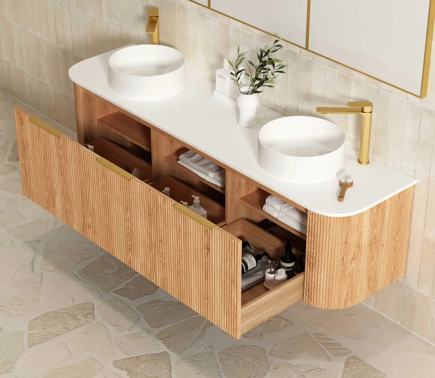 Otti Bondi 1800mm Woodland Oak Fluted Curve Wall Hung Vanity