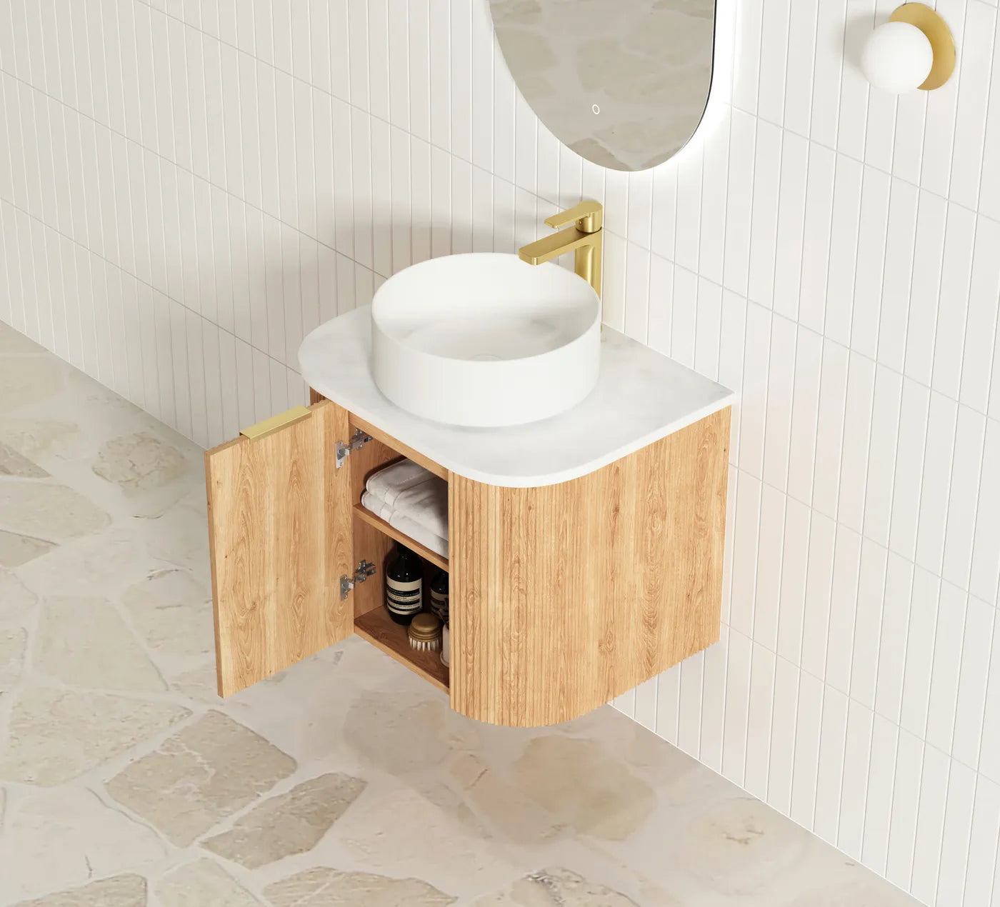 Otti Bondi 600mm Woodland Oak Fluted Curve Wall Hung Vanity