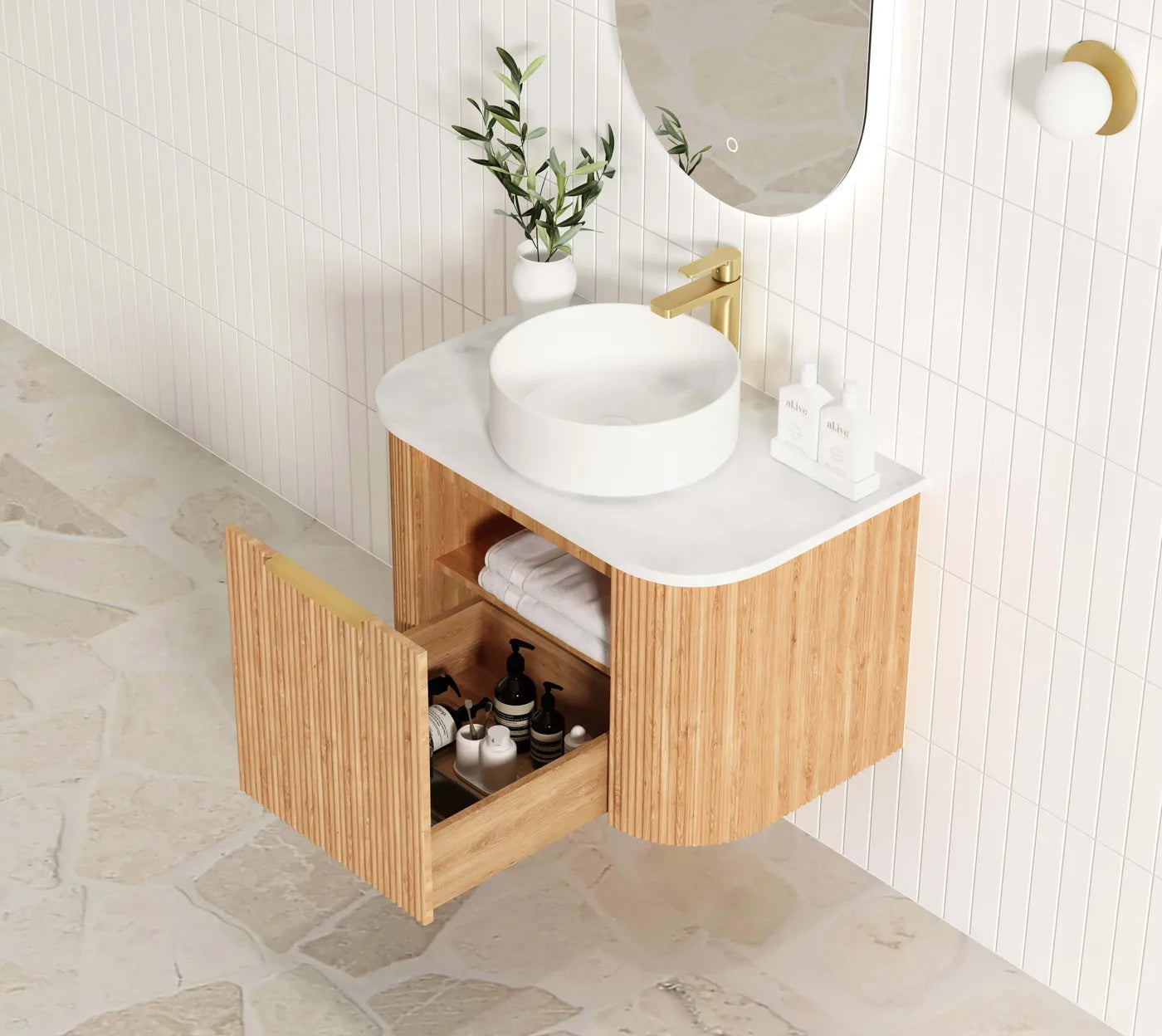 Otti Bondi 750mm Woodland Oak Fluted Curve Wall Hung Vanity