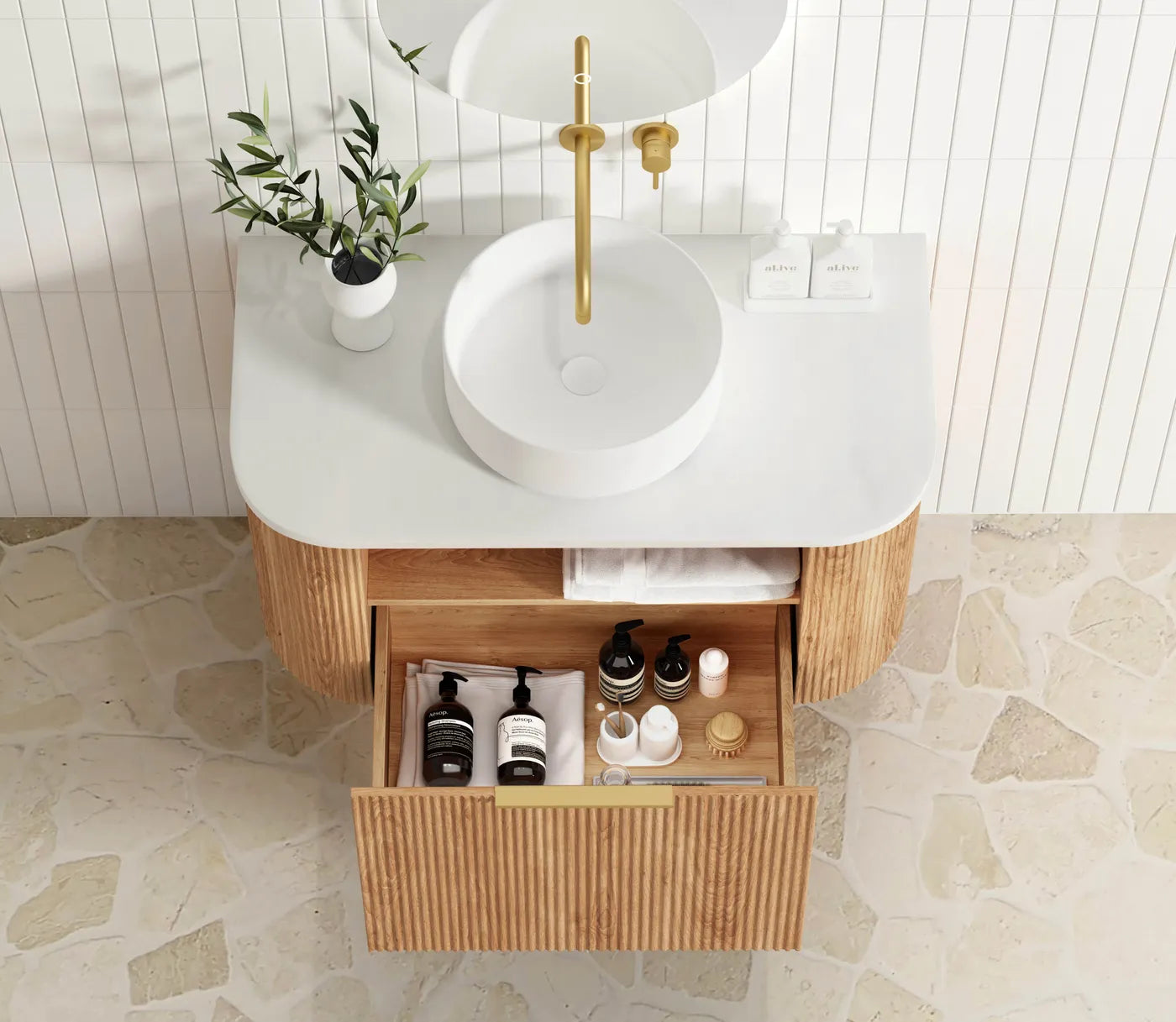 Otti Bondi 900mm Woodland Oak Fluted Curve Wall Hung Vanity