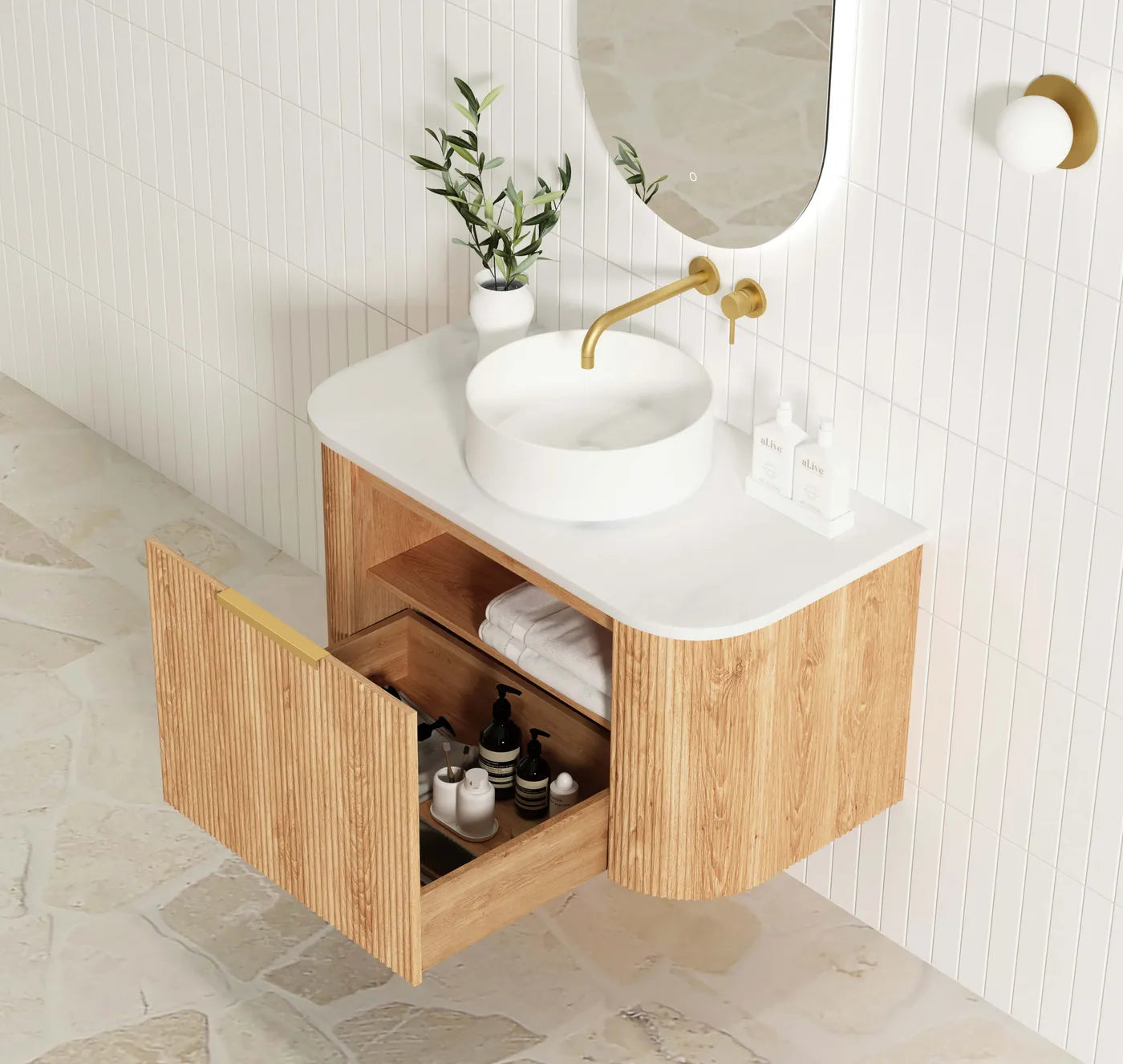 Otti Bondi 900mm Woodland Oak Fluted Curve Wall Hung Vanity