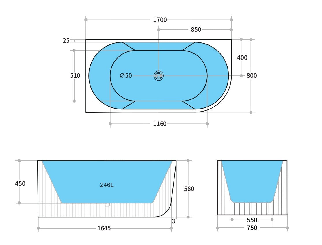Poseidon Capri Left Hand Corner Back to Wall Bath Tub CBT1700L