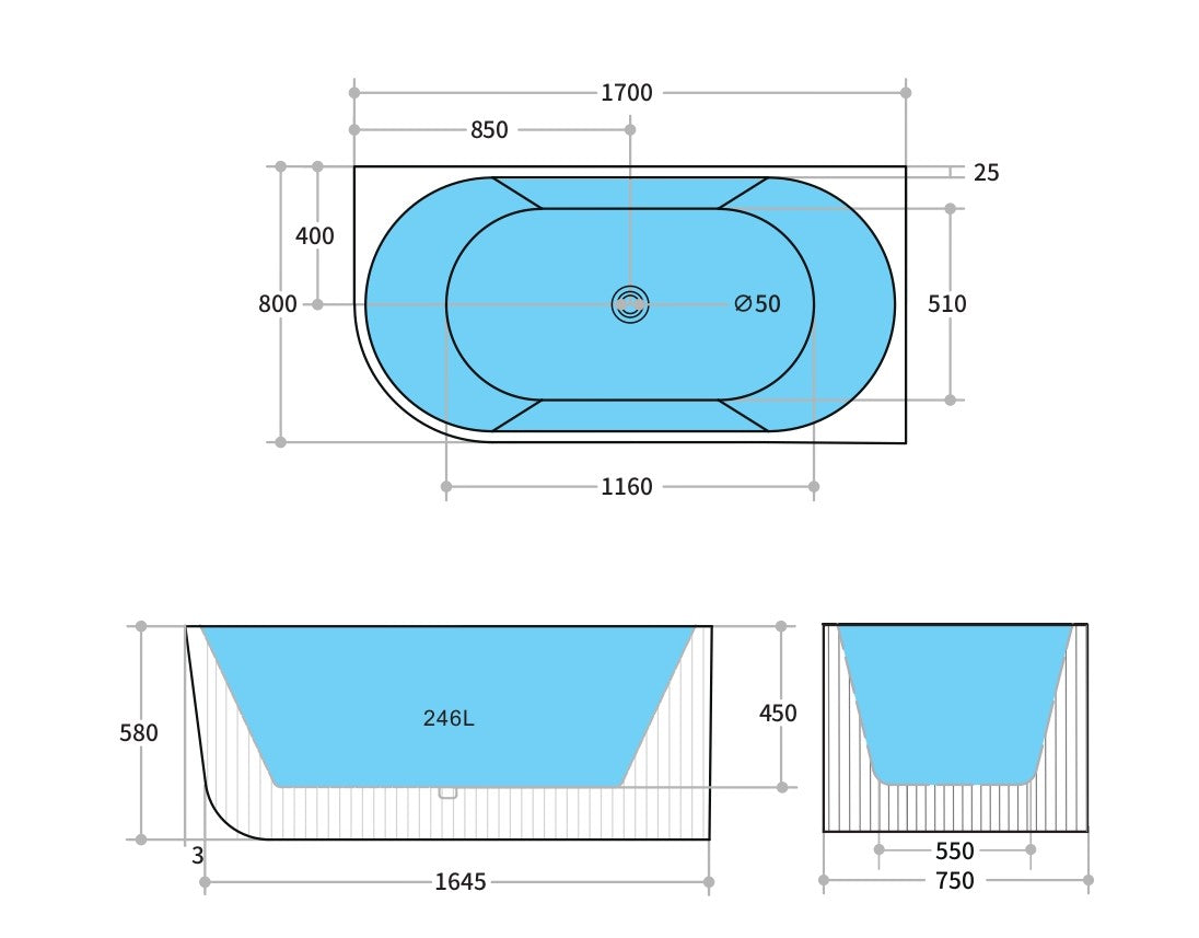 Poseidon Capri Right Hand Corner Back to Wall Bath Tub CBT1700R