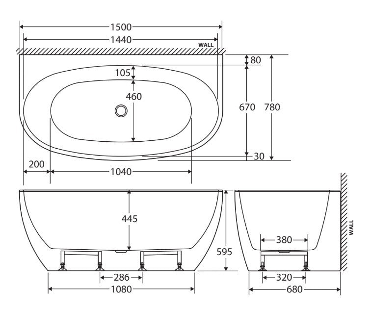 Fienza 1500mm Back to Wall Freestanding Bath Tub FR65-1500