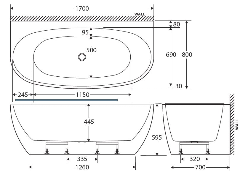 Fienza 1700mm Back to Wall Freestanding Bath Tub FR65-1700