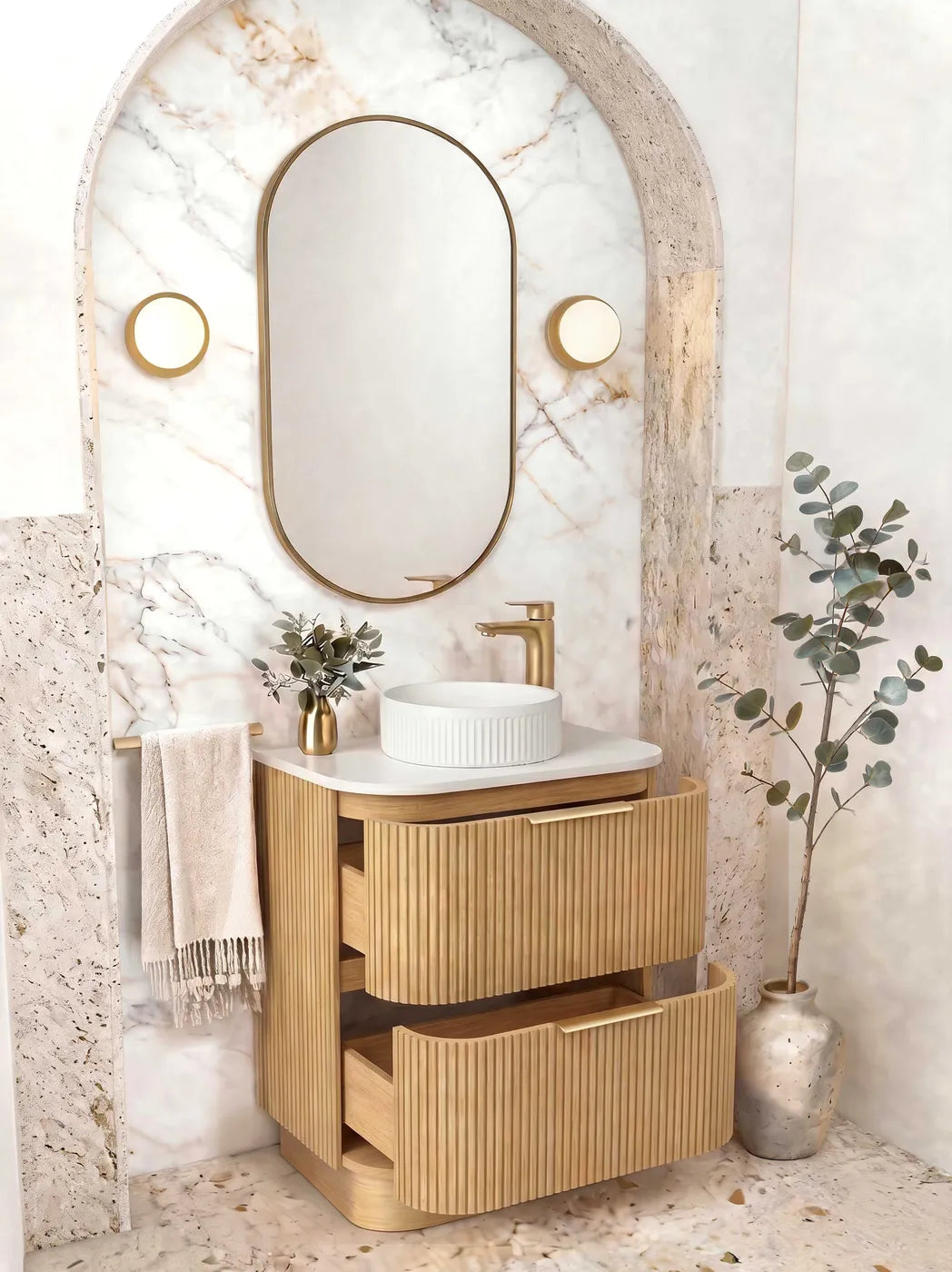Otti 600mm Havana Fluted Floorstanding Curve Vanity - Woodland Oak