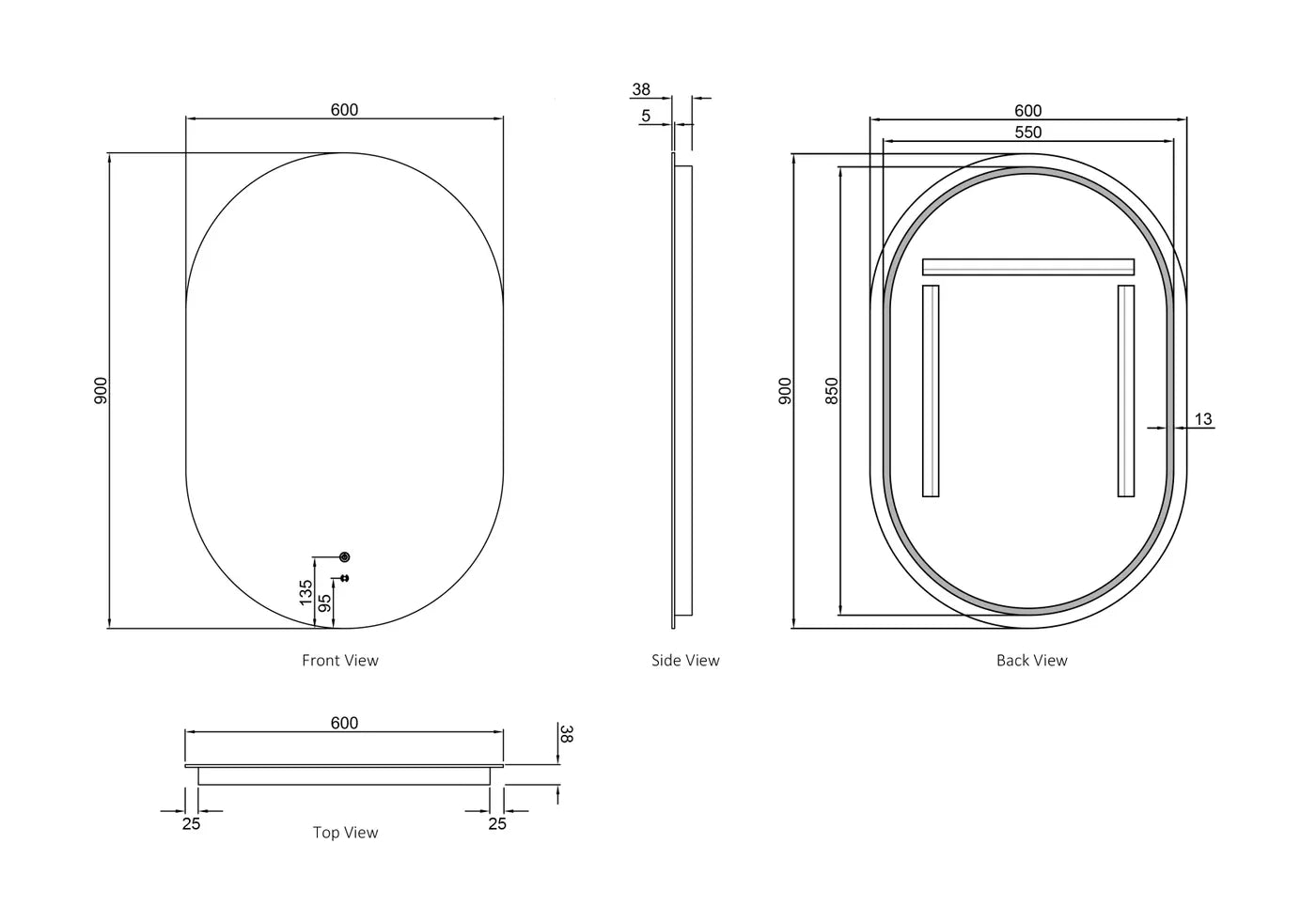 Otti Noosa 900mm LED Frameless Tuffi Mirror LED-OV9060