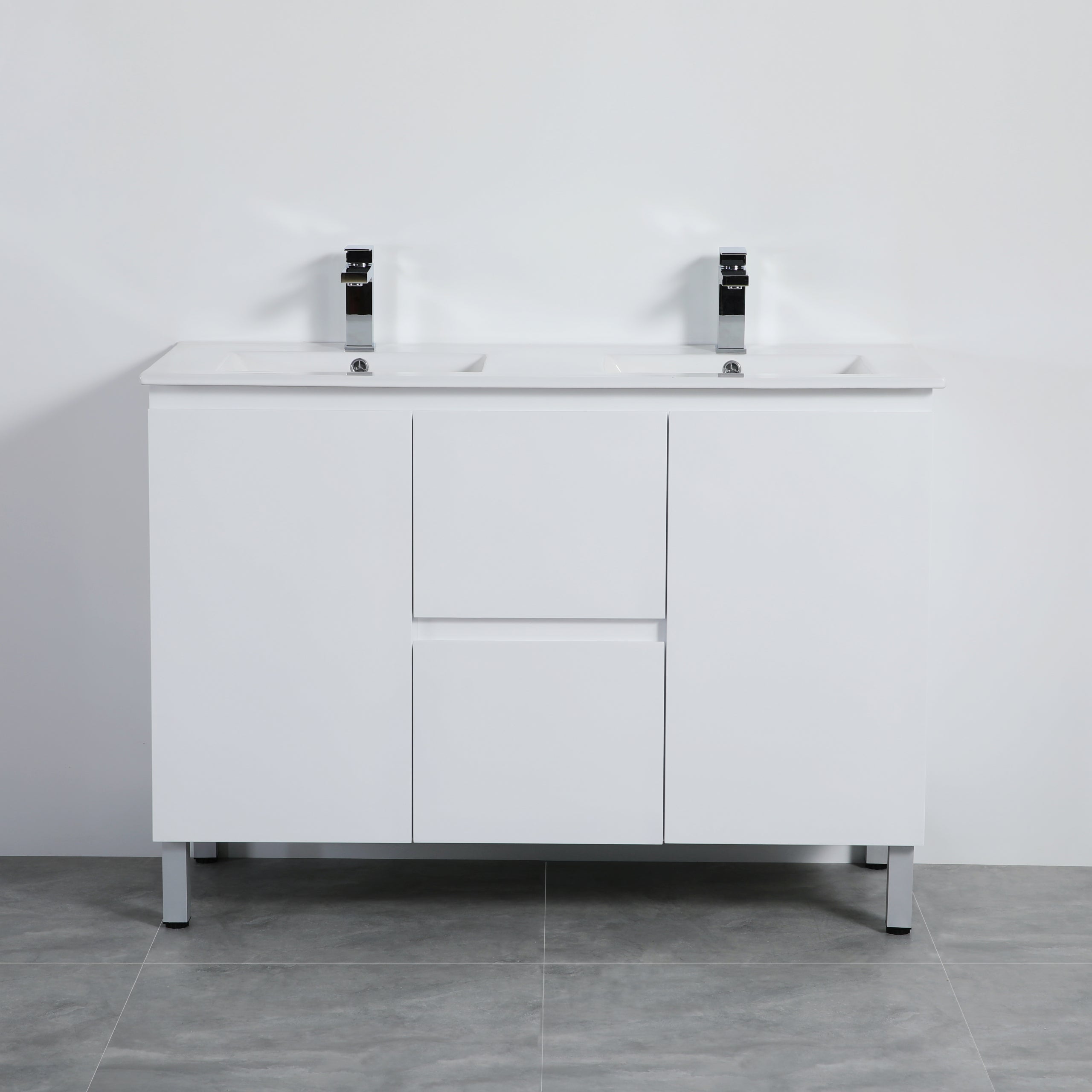 Lukka Alpha PVC 1200 x 460mm Floor Standing Vanity on Legs - Double Bowl Ceramic Top