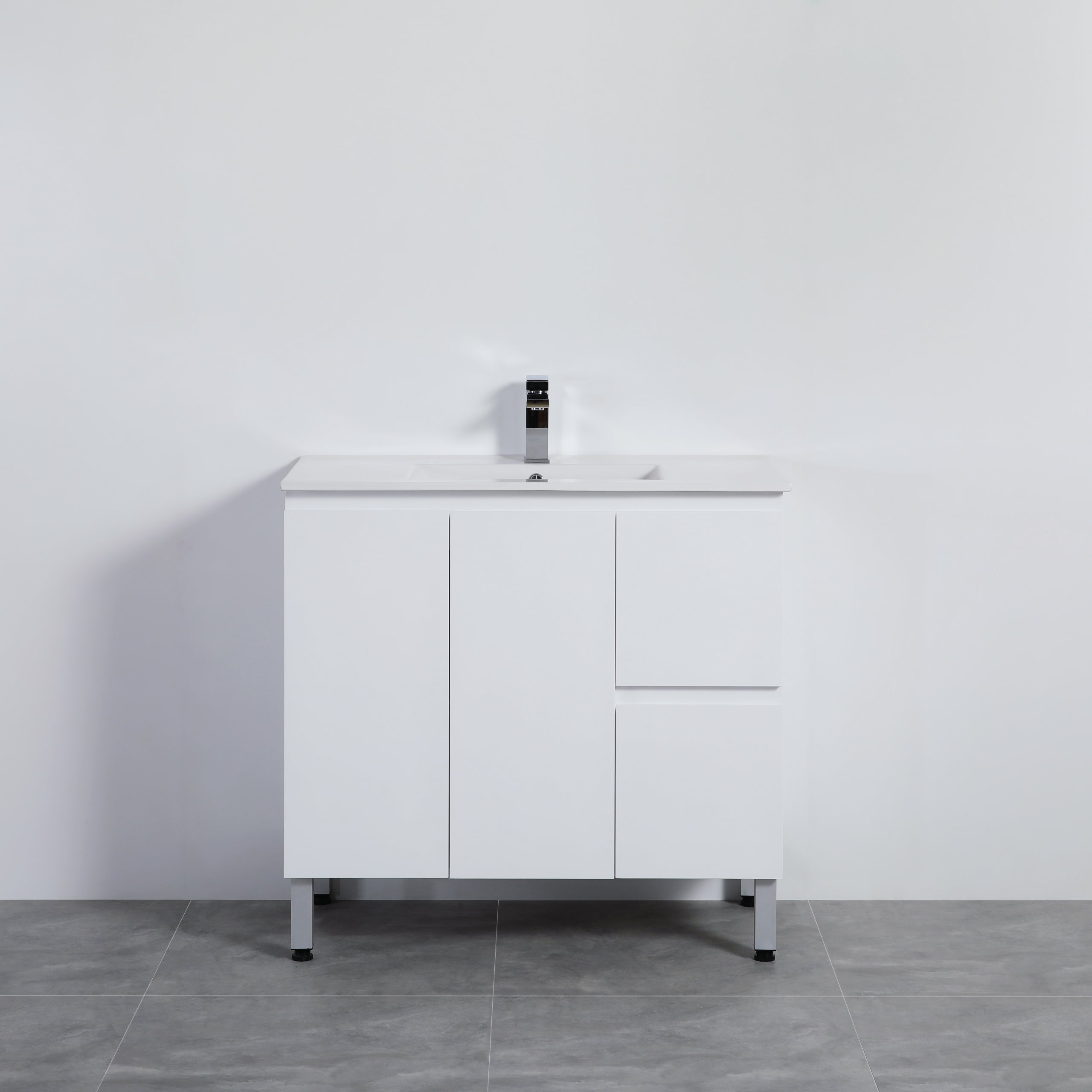 Lukka Alpha PVC 900 x 460mm Floor Standing Vanity on Legs Right Hand Drawers - Ceramic Top