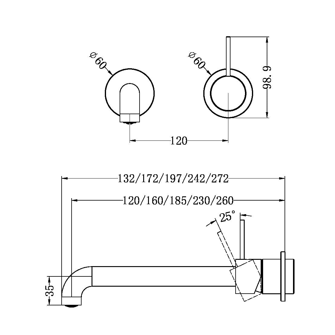 Nero Mecca Wall Basin/Bath Mixer Up Handle Trim Kit Separate Plates NR221910dt