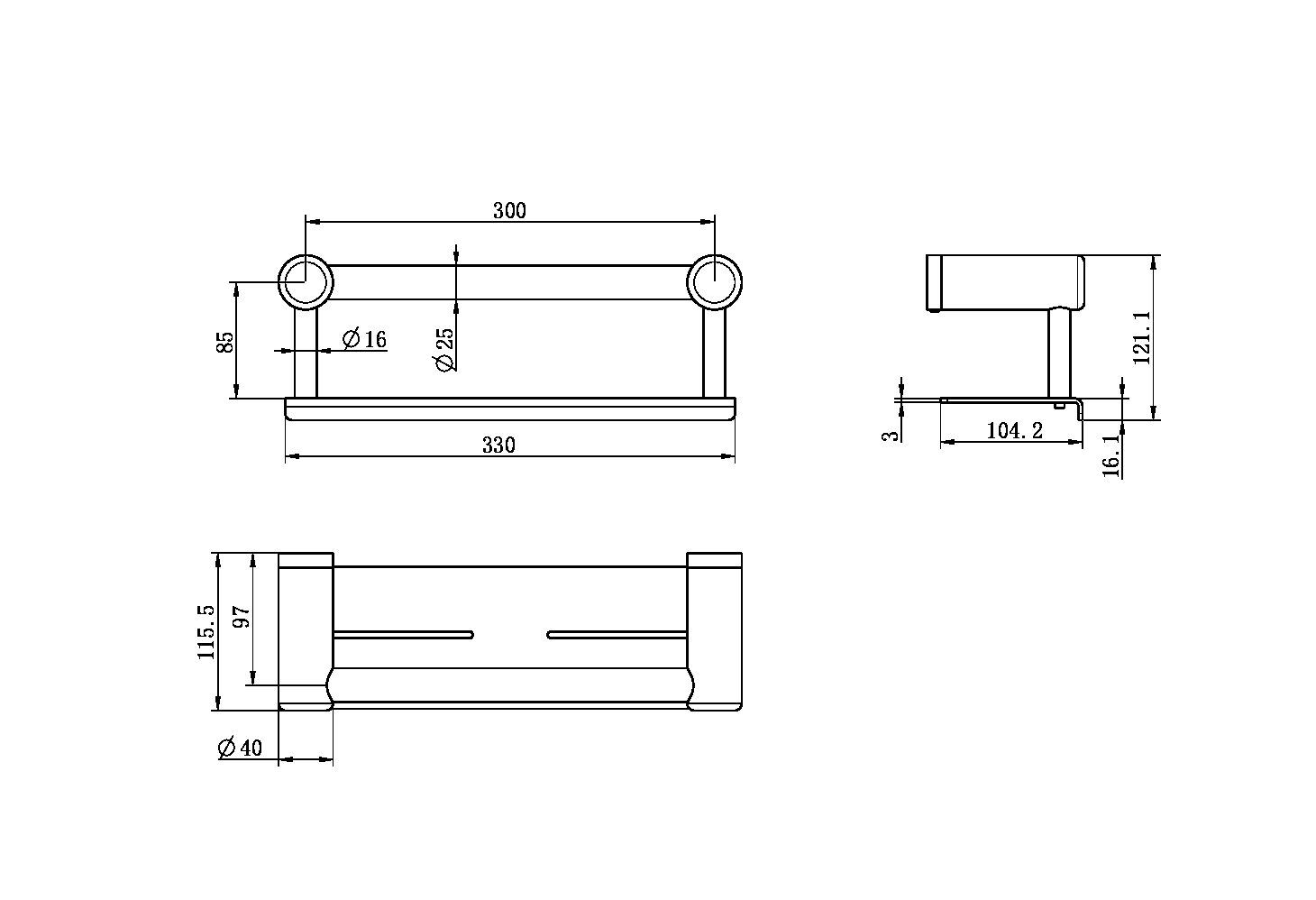 Nero Mecca Care 25mm Grab Rail with Shelf 300mm NRCR2512C