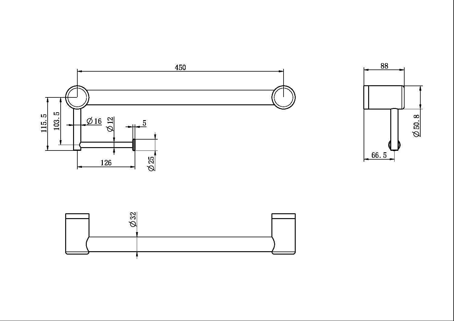 Nero Mecca Care 32mm Grab Rail with Toilet Roll Holder 450mm NRCR2518A