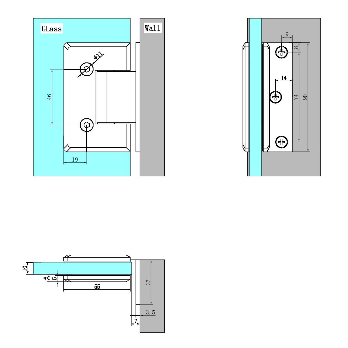 Nero 90 Degree Glass to Wall Shower Screen Hinge 10mm NRSH101