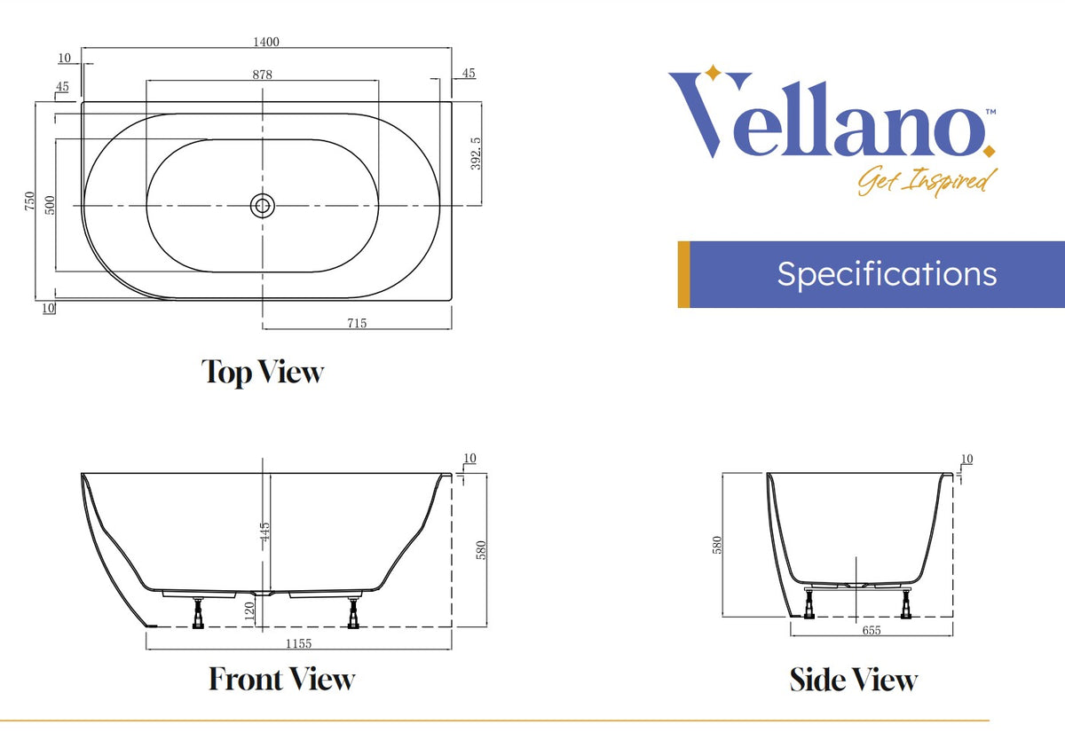 Vellano Polino 1400mm RH Corner Freestanding Bath POL1400CB-RH