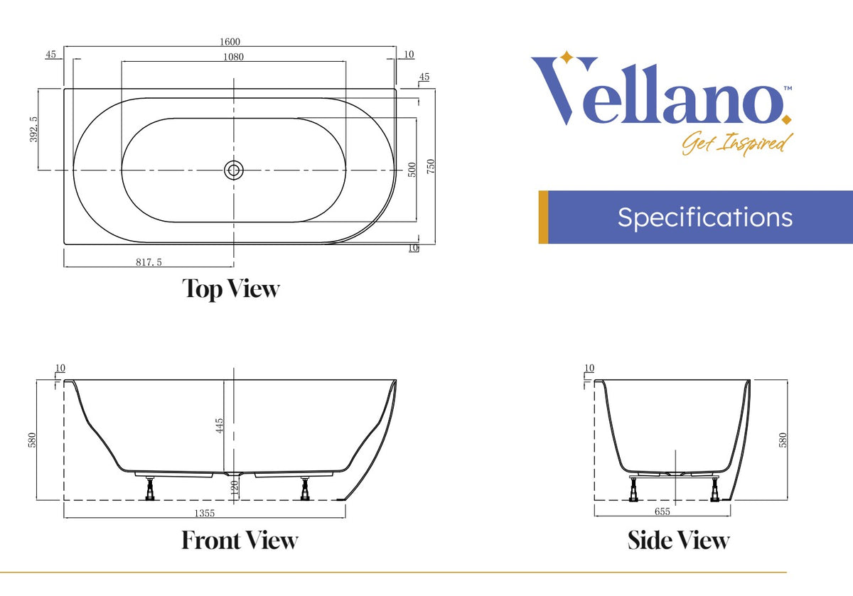 Vellano Polino 1600mm LH Corner Freestanding Bath POL1600CB-LH