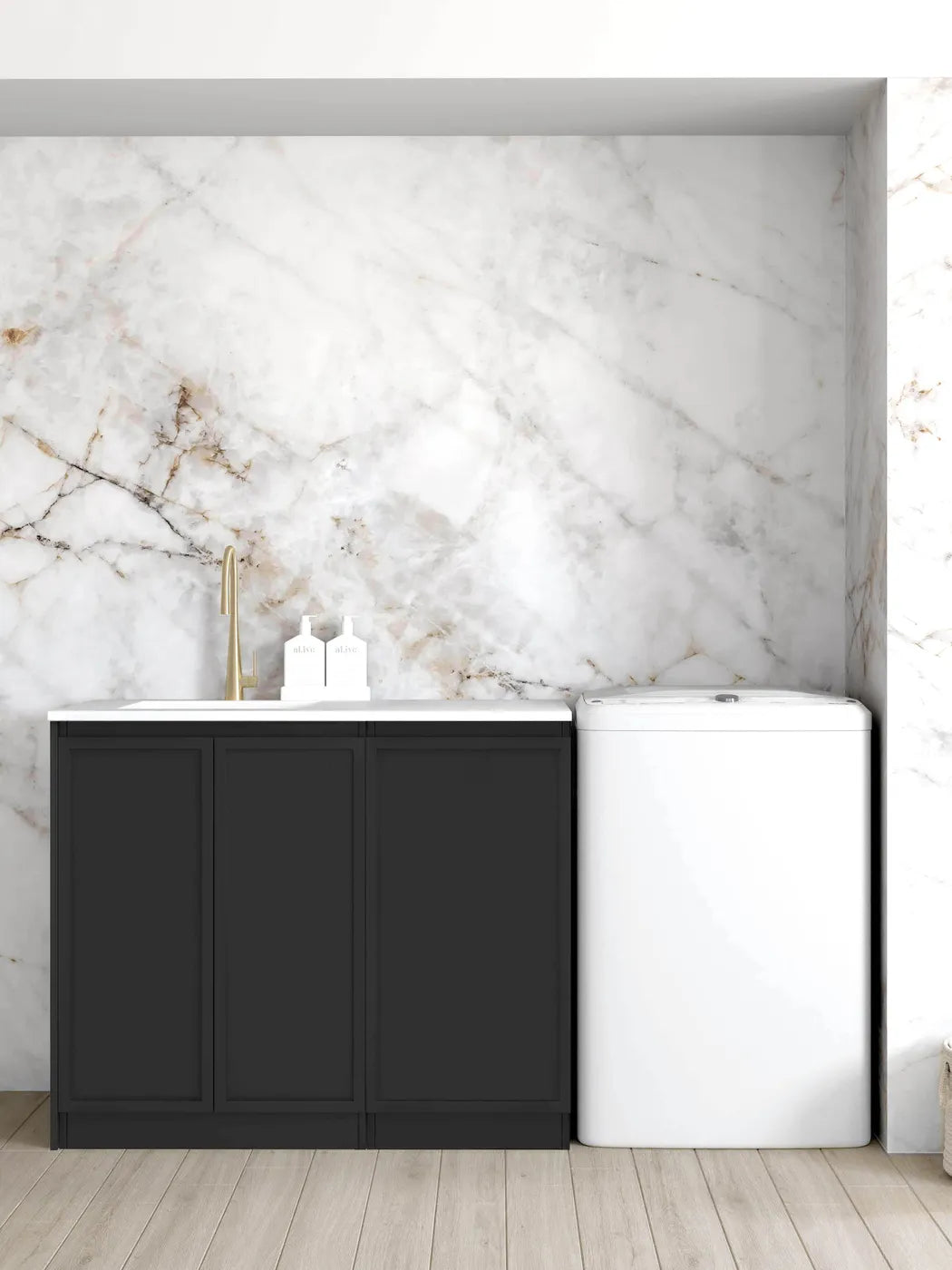 Otti Hampshire Black Base Laundry Cabinet with Stone Top & Sink 1060 x 600 x 900