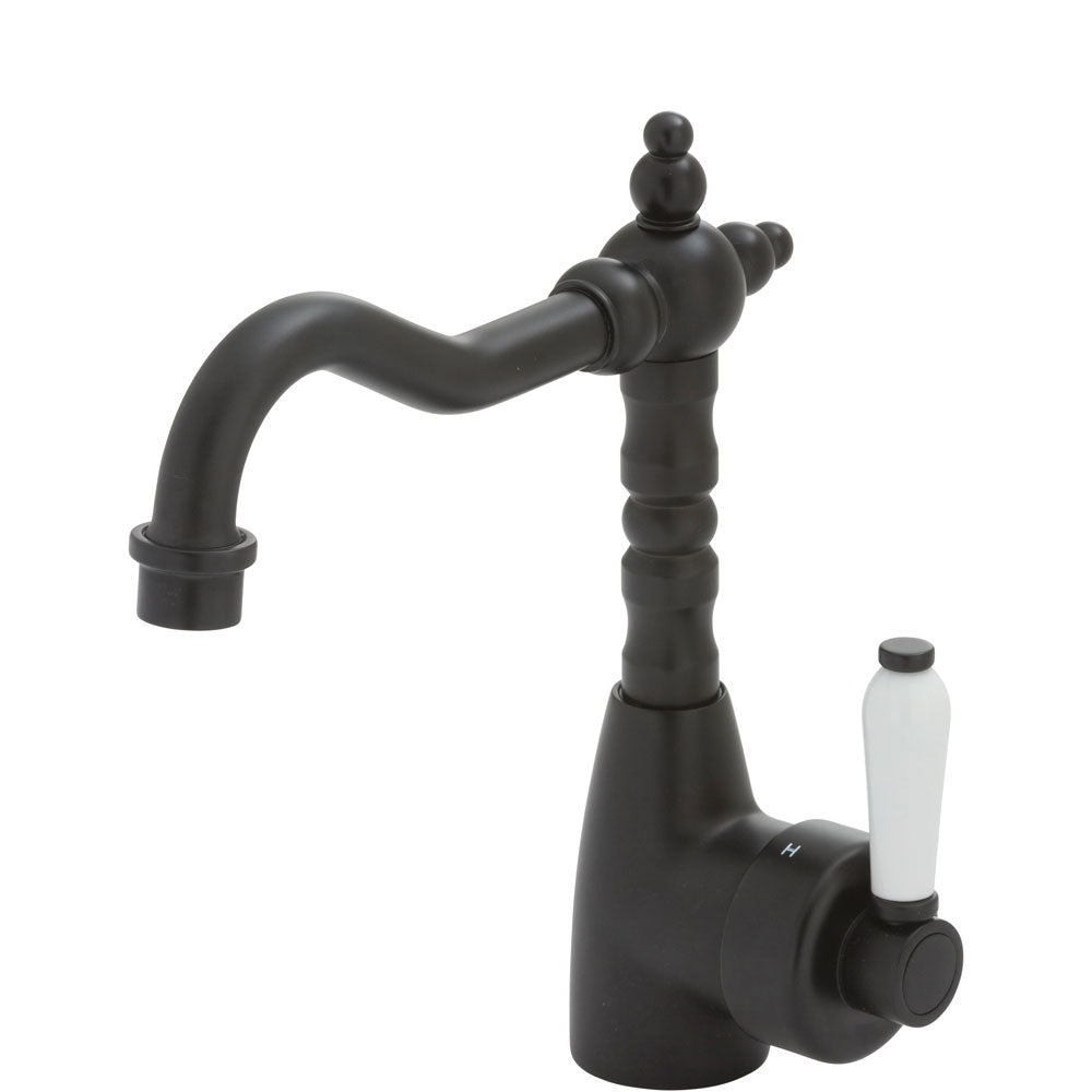 Fienza Eleanor Shepherds Crook Basin Mixer Matte Black/Ceramic Handle 202103BK