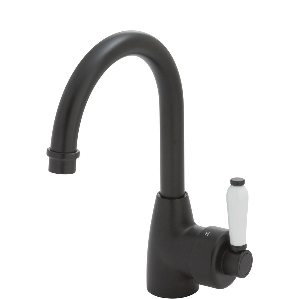 Fienza Eleanor Gooseneck Basin Mixer Matte Black/Ceramic Handle 202104BK