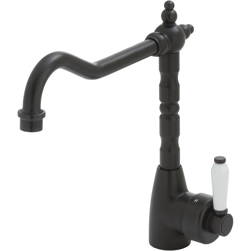 Fienza Eleanor Shepherds Crook Sink Mixer Matte Black/Ceramic Handle 202105BK