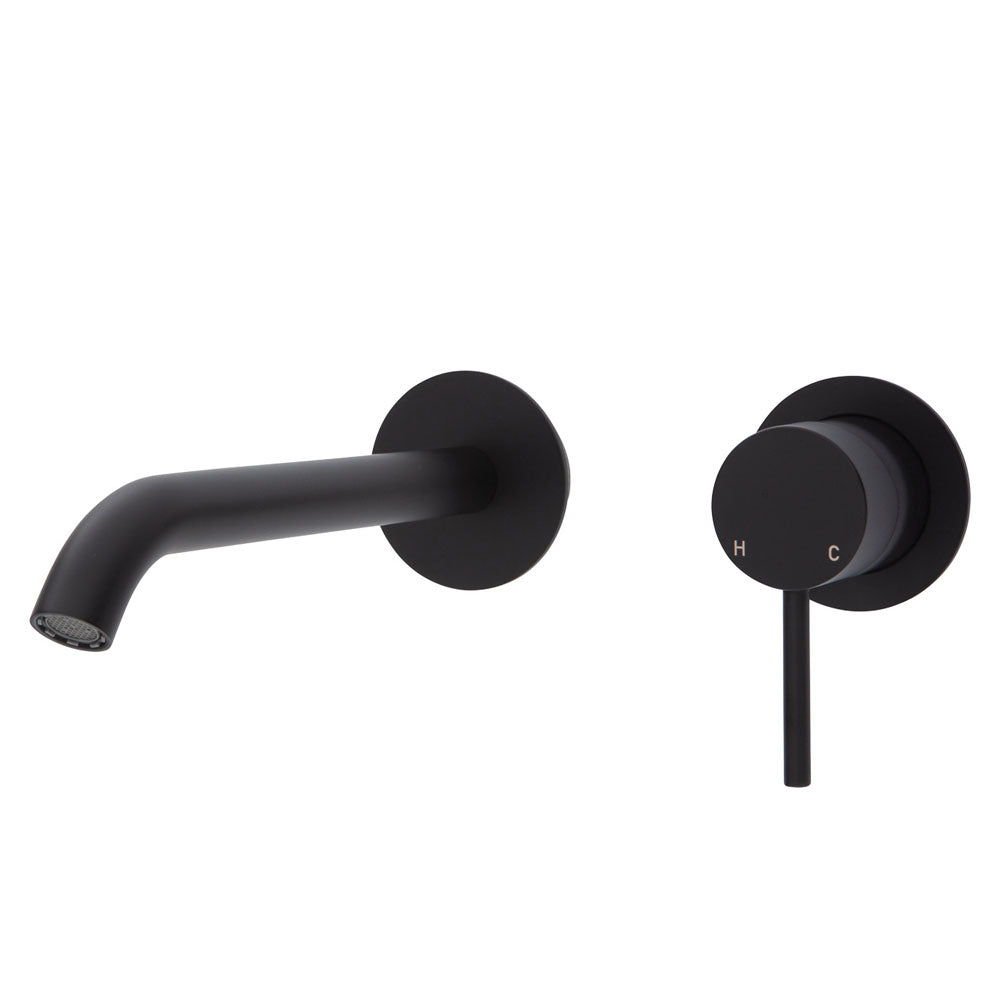 Fienza Kaya Wall Basin/Bath Mixer Matte Black, 200mm Outlet (Separate Plates) 228104B-200