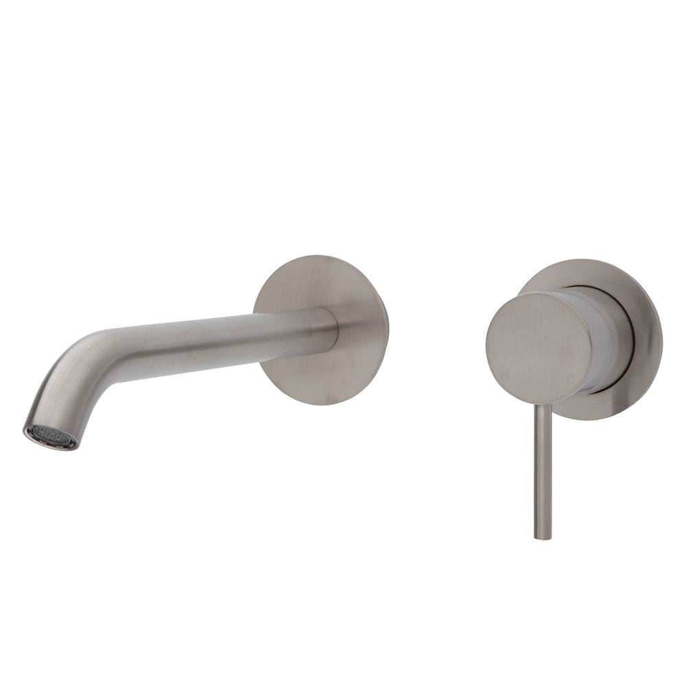 Fienza Kaya Wall Basin/Bath Mixer Brushed Nickel, 200mm Outlet (Separate Plates) 228104BN-200