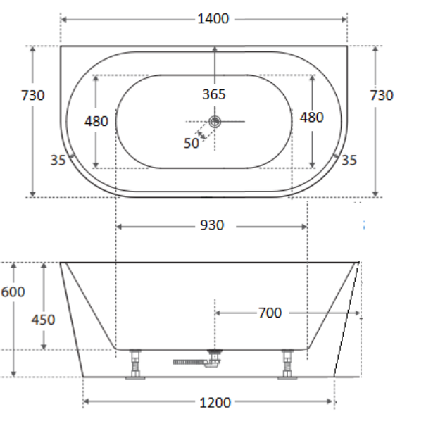 Cassa Design Auris 1400mm Back to Wall Bath Gloss White BT-AU1400