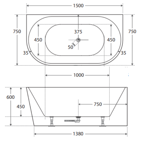 Cassa Design Auris 1500mm Back to Wall Bath Matte White BT-AU1500M