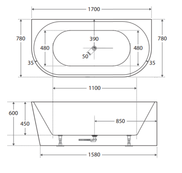 Cassa Design Auris 1700mm Back to Wall Bath Matte White BT-AU1700M