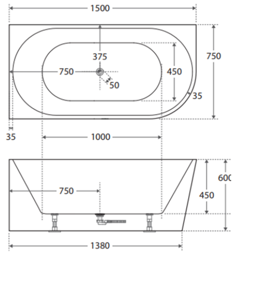Cassa Design Auris 1500mm Left Hand Corner Bath Gloss White BT-NA1500LH