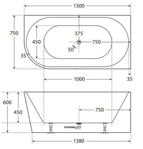 Cassa Design Auris 1500mm Right Hand Corner Bath Gloss White BT-NA1500RH