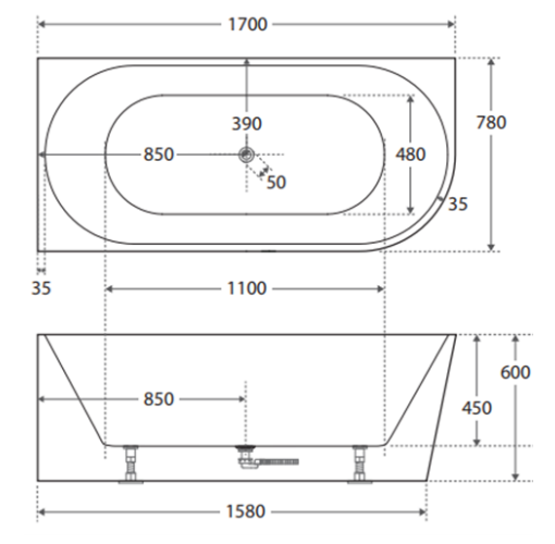 Cassa Design Auris 1700mm Left Hand Corner Bath Gloss White BT-NA1700LH