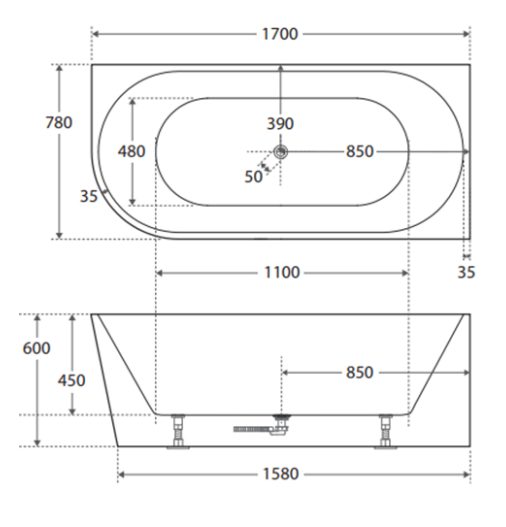 Cassa Design Auris 1700mm Right Hand Corner Bath Gloss White BT-NA1700RH