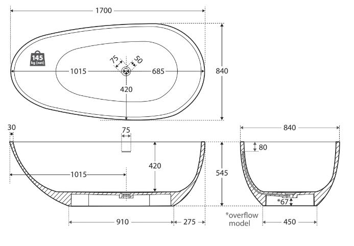 Fienza 1700 Freestanding Matte Black Stone Bath ST03-MB