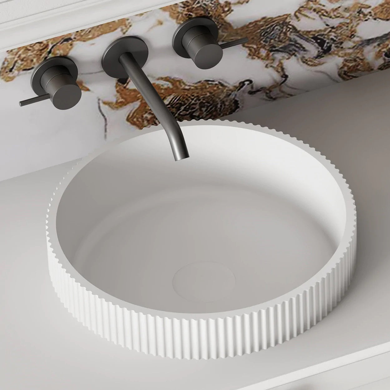 Cassa Design V-Groove Solid Surface Round Semi Inset Basin Matte White VG363612