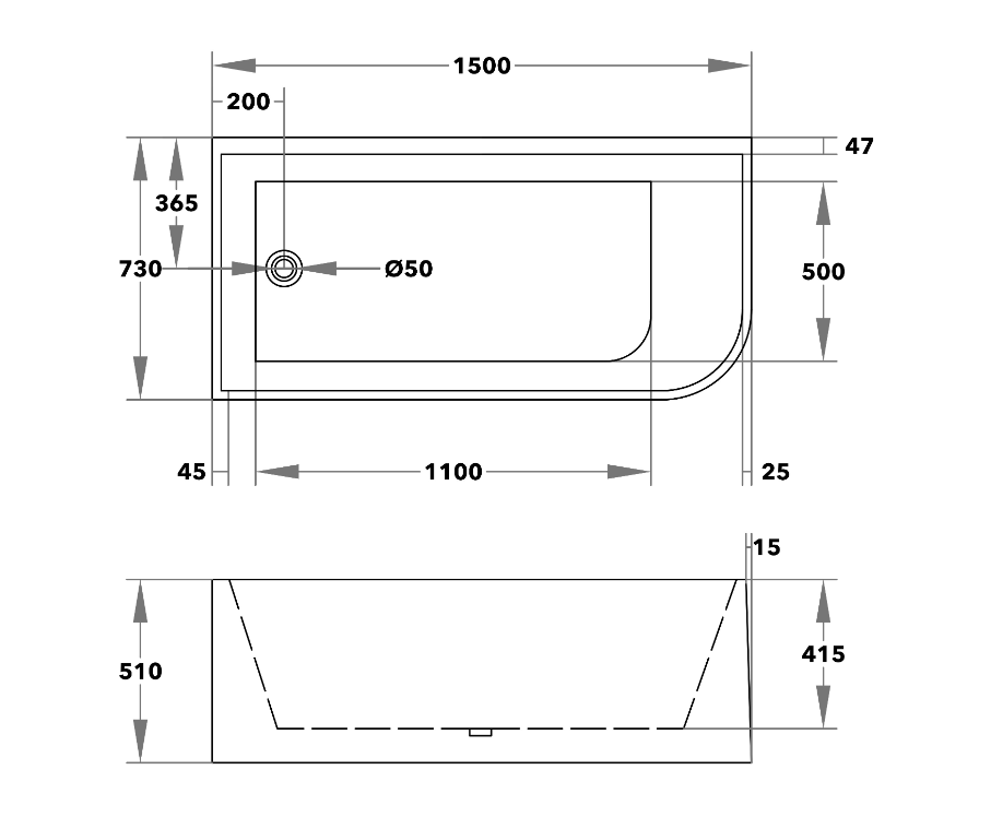 Poseidon Left Hand Corner Back to Wall Bath Tub CBT1500L-510