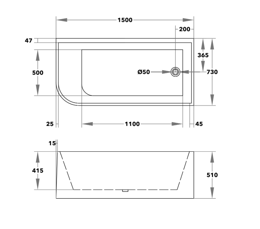 Poseidon Right Hand Corner Back to Wall Bath Tub CBT1500R-510