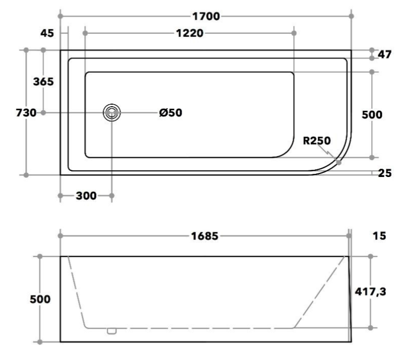 Poseidon Left Hand Corner Back to Wall Bath Tub CBT1700L-500