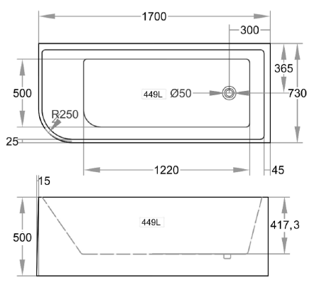 Poseidon Right Hand Corner Back to Wall Bath Tub CBT1700R-500