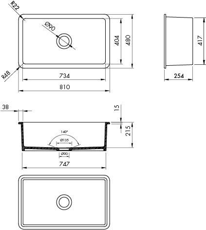Turner Hastings Cuisine 81 x 48 Fine Fireclay Inset/Undermount Sink CU81FS