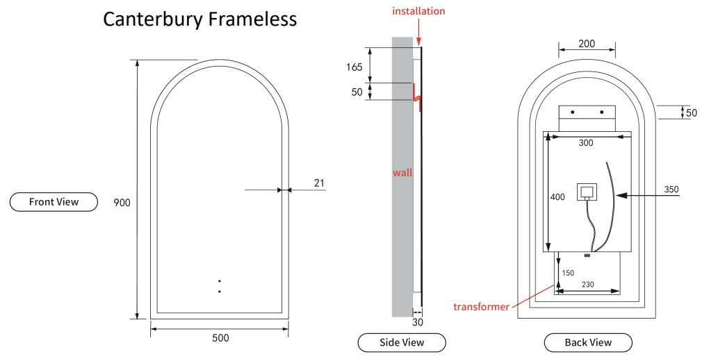 Aulic LED Canterbury Frameless Mirror 500 x 900mm LMCAN-500