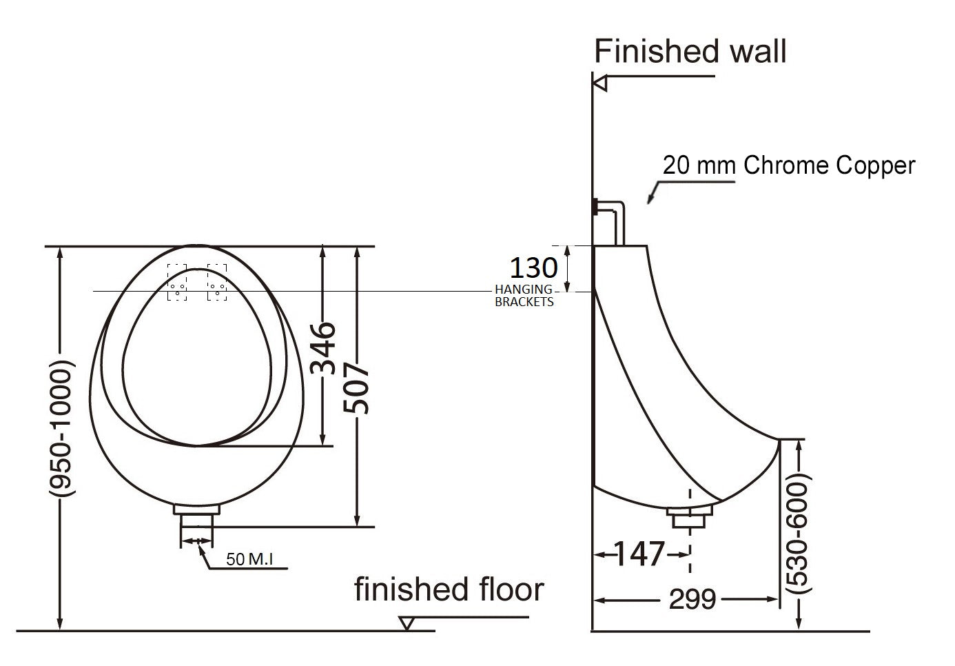 Turner Hastings Leon Ceramic Urinal - Top Inlet Bottom Outlet LE360UR