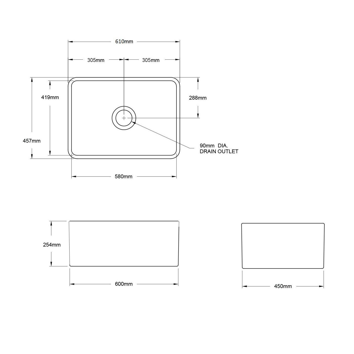Turner Hastings Novi 60 x 46 Fine Fireclay Butler Sink Matte Black NO60FS-MB