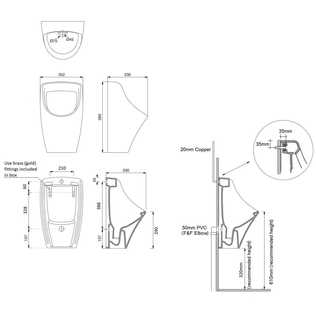 Turner Hastings Teide Ceramic Urinal - Back Inlet TE580UR