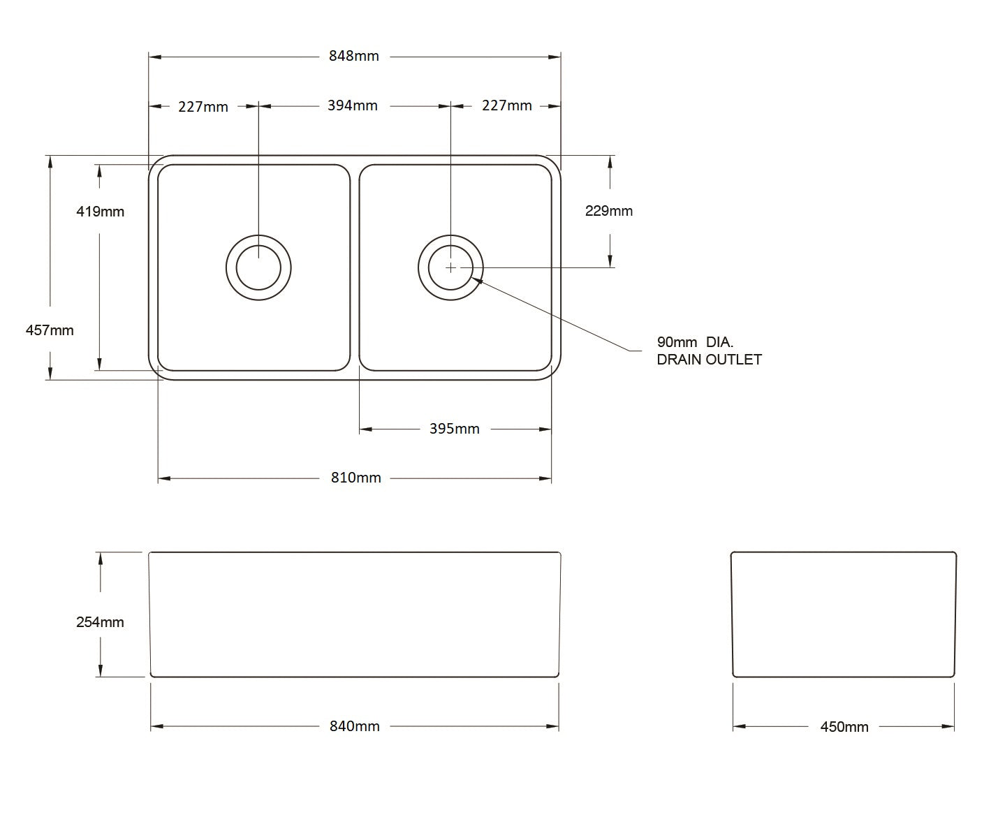 Turner Hastings Novi 85 x 46 Double Bowl Fine Fireclay Butler Sink Matte Black NO85FS-MB