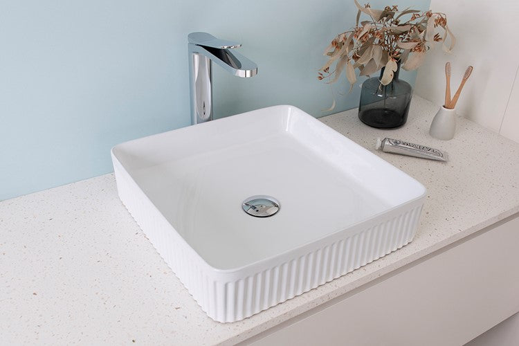 ADP Square Fluted Above Counter Ceramic Basin Gloss White TOPCSFL405GW