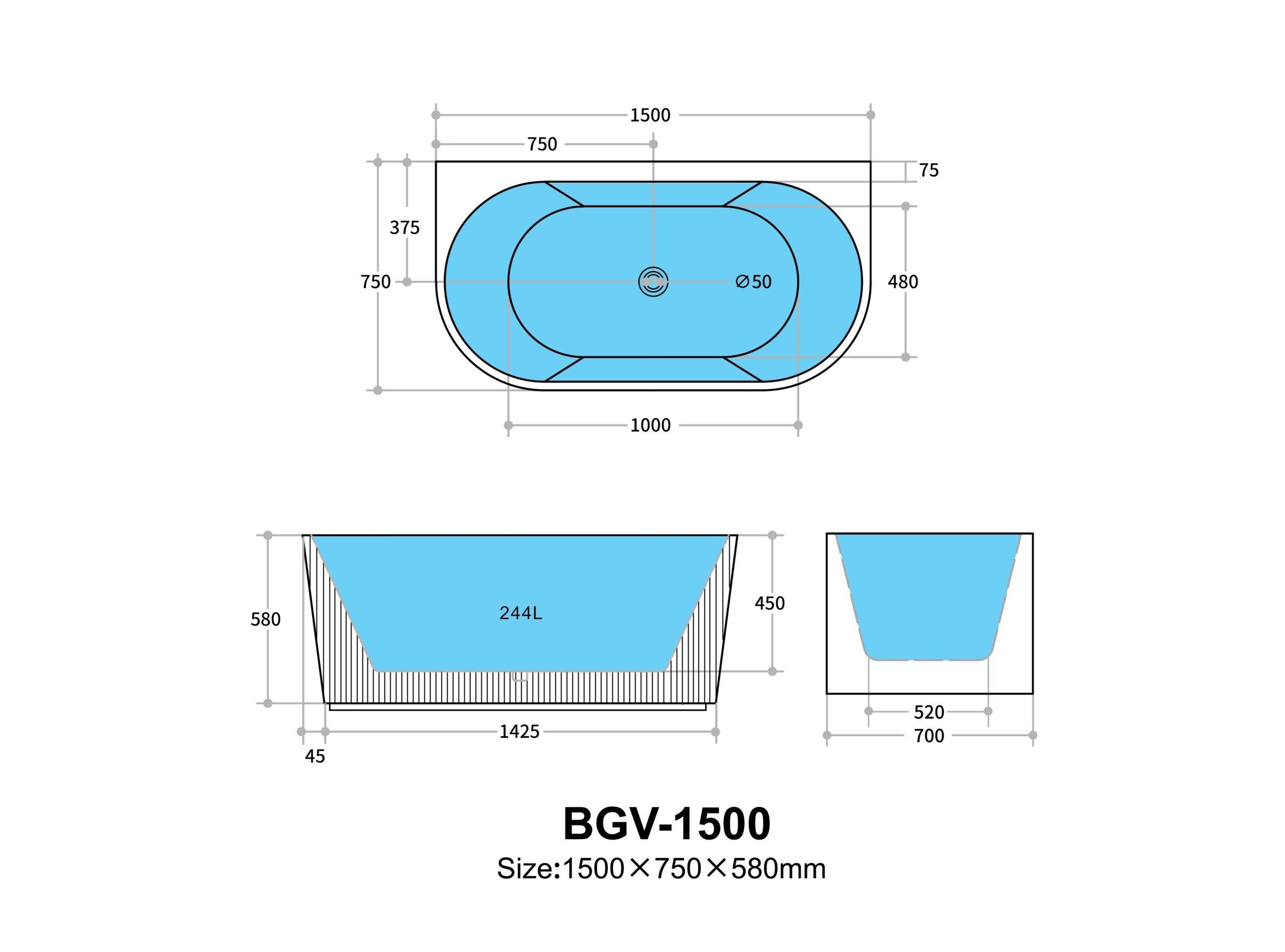 Poseidon Bari Back to Wall Bath Tub BGV1500